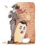  1boy 1girl animal annoying_dog chief_undyne closed_mouth deltarune dog english_text falling_leaves fang fins full_body ghost head_fins highres leaf napstablook police police_uniform policewoman red_hair simple_background smile wanted_poster white_background zunda_e_damame 
