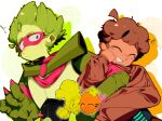  +++ 2boys :d ^_^ ahoge arm_hug armor back-to-back belt black_belt black_eyes brown_hair brown_sweater chinese_commentary closed_eyes closed_mouth colored_skin commentary_request curly_hair dark-skinned_male dark_skin eye_mask film_grain freckles grass_knuckles_(plants_vs_zombies_heroes) green_belt green_hair green_skin grin hair_behind_ear halftone halftone_background hand_on_own_cheek hand_on_own_face highres long_sleeves male_focus multiple_boys personification plants_vs._zombies plants_vs._zombies_heroes procreate_(medium) puffy_long_sleeves puffy_sleeves red_brooch red_mask short_hair simple_background smile spiked_gauntlets sweatdrop sweater turtleneck turtleneck_sweater upper_body very_short_hair wall-knight white_background zihan_(zihan86137) 