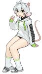  1girl ahoge animal_ear_fluff animal_ears arm_at_side arm_support bags_under_eyes bike_shorts black_shirt black_shorts borrowed_character breasts closed_mouth colored_tips commentary double-parted_bangs double_horizontal_stripe drawstring ear_piercing embarrassed english_commentary extra_ears flipped_hair from_side full_body gift_art green_eyes green_sleeve_cuffs green_trim hair_between_eyes hair_intakes half-closed_eyes hand_up hood hood_down hoodie invisible_chair invisible_floor knees_together_feet_apart long_eyelashes long_hoodie long_sleeves looking_at_viewer looking_to_the_side mouse_ears mouse_girl mouse_tail multicolored_hair multiple_piercings open_hand original perl_(vertigris) piercing pink_hair pink_tail print_hoodie puffy_long_sleeves puffy_sleeves raised_eyebrows raised_inner_eyebrows sandals shirt short_hair short_shorts shorts shy sidelocks simple_background sitting sleeves_past_wrists slides small_breasts smile socks solo tail tail_raised tareme thick_eyelashes thighs turtleneck turtleneck_shirt two-tone_hair waving white_background white_hair white_hoodie white_sandals white_socks yirtios 