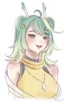  1girl absurdres ahoge bare_shoulders black_shirt borrowed_character breasts chanceysilver commentary cropped_torso double_bun dragon_horns english_commentary eyelashes food fruit green_eyes green_hair hair_bun hair_ornament hairclip happy highres horns jacket jacket_partially_removed large_breasts light_blush lips long_hair loose_hair_strand multicolored_hair neggie_(neggiee) open_mouth original pineapple pineapple_slice pink_lips see-through_clothes see-through_jacket shirt shirt_under_sweater signature simple_background sleeveless sleeveless_shirt sleeveless_sweater smile solo spring_onion streaked_hair sweater swept_bangs teeth turtleneck turtleneck_shirt turtleneck_sweater upper_teeth_only white_background white_jacket yellow_sweater 