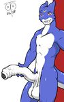  2010 balls big_balls digimon flamedramon freckles_(artist) grin hyper hyper_penis looking_at_viewer male penis plain_background red_eyes solo soto uncut veemon white_background 
