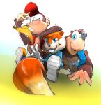 2025 acrossthestreetfromyou anthro arm_on_head backpack banana banjo-kazooie banjo_(banjo-kazooie) baseball_cap bear big_tail black_nose blue_eyes brown_body brown_fur buckteeth clothed clothing conker conker&#039;s_bad_fur_day diddy_kong digital_media_(artwork) donkey_kong_(series) eating food footwear fruit fur gesture grass group hand_gesture haplorhine hat headgear headwear hi_res jacket jewelry looking_at_viewer lying male mammal monkey necklace nintendo nipples on_front orange_body orange_fur plant primate rareware rodent sciurid shirt shirtless shirtless_male shoes simple_background sitting sitting_on_ground smile tail teeth topwear tree_squirrel trio v_sign