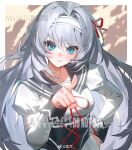  1girl absurdres blue_eyes blush breasts closed_mouth corset grey_hair hair_intakes hair_ribbon hairband hand_on_own_hip highres kuangjie long_hair long_sleeves looking_at_viewer original pointing pointing_at_viewer puffy_sleeves red_ribbon ribbon sailor_collar shirt skirt solo upper_body very_long_hair watermark white_shirt white_skirt 