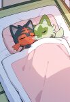  2others ai-generated bed_sheet closed_eyes closed_mouth fusuma futon highres indoors kaigamiaikemono litten lying multiple_others no_humans nose_bubble on_back on_bed on_side pokemon pokemon_(creature) shadow sharp_teeth sleeping sliding_doors sprigatito tagme teeth 