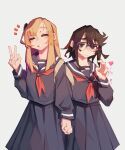  2girls absurdres black_eyes black_hair black_hairband black_sailor_collar black_serafuku black_shirt black_skirt brown_hair commentary english_commentary glasses hairband heart highres holding_hands interlocked_fingers koishikawa_iko long_hair long_sleeves medium_hair momijiyama_teru multiple_girls neckerchief red_neckerchief sailor_collar school_uniform serafuku shirt shy_(series) sidelocks simple_background skirt togekk0 w white_background yuri 