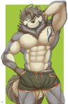  2020 anthro bottomwear canid canine canis clothing fur grey_body grey_fur hi_res hotpants lifewonders male mammal multicolored_body muscular muscular_anthro muscular_male muscular_thighs nipples shinobiya shorts signature solo tan_body tan_fur temujin_(tas) tokyo_afterschool_summoners two_tone_body wolf 