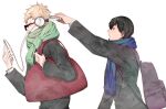  2boys backpack bag black_hair blonde_hair blue_scarf cellphone closed_mouth colorful_ichigo from_side glasses green_scarf haikyuu!! headphones highres holding holding_headphones holding_phone jacket kageyama_tobio long_sleeves looking_at_phone male_focus multiple_boys phone profile scarf short_hair shoulder_bag simple_background smartphone tsukishima_kei upper_body white_background 