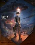  1girl aircraft arena_breakout black_boots blood blood_on_face blue_eyes boots brown_hair bulletproof_vest burning burning_building character_name city_lights cityscape crossover english_text evita_(arena_breakout) girls&#039;_frontline green_pants green_shirt gun handgun helicopter highres holding holding_gun holding_suitcase holding_weapon looking_at_viewer looking_back missile missile_trail official_art pants searchlight shirt suitcase uh-60_blackhawk weapon 
