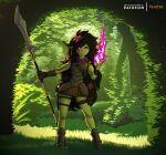 accessory armor armored_boots black_hair blue_eyes bottomwear clothing dungeons_and_dragons female feretta flower flower_in_hair forest forest_background gauntlets glaive gloves glowing glowing_eyes goblin grass green_body green_skin hair hair_accessory handwear hasbro heterochromia hi_res leaf looking_at_viewer magic melee_weapon muscular muscular_female nature nature_background plant polearm purple_eyes scenery shrub skirt smile snaggle_tooth solo tree weapon wizards_of_the_coast