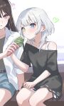  2girls :t absurdres arm_at_side bang_dream! bang_dream!_it&#039;s_mygo!!!!! bare_shoulders belt bench black_hair black_shirt blue_eyes blue_skirt blush brown_belt closed_mouth clothing_cutout collarbone commentary_request cowboy_shot eating food grey_hair hair_between_eyes hand_on_lap hand_up heart heterochromia highres holding holding_hands holding_ice_cream_cone houji_tea_latte ice_cream ice_cream_cone kaname_raana long_hair long_shirt looking_at_another looking_at_food medium_hair miniskirt multiple_girls off-shoulder_shirt off_shoulder on_bench open_clothes open_shirt parted_lips purple_eyes sharing_food shiina_taki shirt shoulder_cutout simple_background sitting skirt sleeveless three-quarter_sleeves translated white_background white_shirt yellow_eyes 