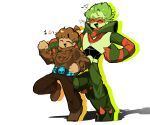  +++ 2boys :d ^_^ ahoge armor belt black_belt black_mouth black_shirt boots brown_hair brown_pants brown_shoes brown_sweater chinese_commentary closed_eyes colored_skin commentary_request curly_hair dark-skinned_male dark_skin eye_mask film_grain full_body grass_knuckles_(plants_vs_zombies_heroes) green_belt green_boots green_hair green_pants green_skin hand_on_another&#039;s_shoulder heart heart_in_mouth height_difference highres knee_boots long_sleeves male_focus multiple_boys musical_note open_mouth pants personification plants_vs._zombies plants_vs._zombies_heroes puffy_long_sleeves puffy_sleeves red_brooch red_mask red_scarf scarf shadow shirt shoes short_hair simple_background sleeveless sleeveless_shirt smile spiked_boots spiked_gauntlets standing standing_on_one_leg sweater sweater_tucked_in turtleneck turtleneck_sweater v-shaped_eyebrows very_short_hair wall-knight white_background zihan_(zihan86137) 
