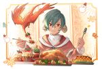  1boy azdaja_(ff14) border brother_and_sister chicken_(food) closed_mouth dragon eyelashes final_fantasy final_fantasy_xiv food fork fruit highres holding holding_fork horns lalatia-meai long_sleeves male_focus parfait pineapple red_eyes short_hair siblings small_dragon snowflakes solo upper_body vrtra_(final_fantasy) white_border 