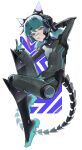  1boy absurdres aqua_boots aqua_gloves aqua_hair black_bodysuit black_boots black_gloves bodysuit boots commentary commission english_commentary gloves hair_ornament hairclip hand_on_own_head hand_on_own_knee headphones highres knee_boots latex latex_bodysuit light_blush long_hair looking_at_viewer mechanical_tail multicolored_boots multicolored_hair open_mouth original otoko_no_ko purple_eyes purple_hair saaal653 signature streaked_hair tail twintails two-tone_boots two-tone_gloves v white_background 