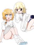  2girls :3 absurdres alternate_costume black_eyes blonde_hair blue_bow blue_buruma blue_eyes blue_shoes blush blush_stickers bow braid breasts bright_pupils buruma commentary_request cookie_(touhou) full_body gym_uniform hair_bow highres kafka_(tokumei_senpai) kirisame_marisa looking_at_viewer loose_socks medium_breasts meguru_(cookie) multiple_girls open_mouth purple_bow red_buruma shirt shoes short_hair side_braid simple_background single_braid sitting sleeves_past_fingers sleeves_past_wrists socks t-shirt touhou white_background white_pupils white_shirt white_socks yuuhi_(cookie) 