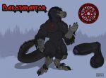 alternative_fashion anthro balls big_balls dakotaraptor dinosaur dromaeosaurid facial_piercing feathers foreskin genitals goth hair hi_res lddraws male model_sheet nipple_piercing nipples occult_symbol penis pentagram piercing prehistoric_species reptile scalie sigil solo solo_focus symbol theropod