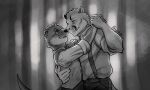 5:3 5_fingers blue_eyes clifford_tibbits clothed clothing cougar dancing duo echo_(series) echo_project eyewear felid feline fingers fruitz glasses greyscale humanoid_hands mammal monochrome mostly_greyscale mustelid musteline partially_colored red_eyes samuel_ayers signature stoat the_smoke_room true_musteline weasel