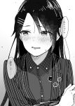  1girl animal_print black_hair blush cat_print collared_shirt glasses hair_down hair_ornament hairclip hand_on_own_arm highres idolmaster idolmaster_shiny_colors jacket long_hair long_sleeves mitsumine_yuika open_mouth pachiko shirt solo striped_clothes striped_jacket tearing_up translated unworn_eyewear 