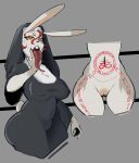 anthro belly belly_markings big_breasts black_clothing breasts buckteeth clothed clothing estebon89 eyelashes female front_view fur genitals grey_background hair hi_res lagomorph leporid long_tongue looking_at_viewer mammal markings navel navel_outline nipple_outline nude nun nun_outfit occult_symbol open_mouth pussy rabbit red_eyes red_hair red_markings sigil simple_background solo symbol teeth thick_thighs tongue tongue_out white_body white_fur wide_hips yellow_sclera