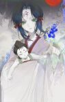  1girl blue_flower blue_hair doll facial_mark flower forehead_mark green_eyes highres holding holding_doll index_finger_raised japanese_clothes kimono looking_at_viewer parted_lips pointing pointing_at_viewer purple_kimono red_ribbon reiha ribbon smile solo taoer. vampire_princess_miyu 