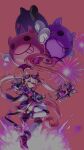  1girl balloon black_boots black_gloves boots cone_hair_bun cropped_jacket dot_nose double_bun dress elsword explosion eyelashes fingerless_gloves fireworks floating_clothes floating_hair full_body gloves goggles goggles_on_head gradient_hair grin hair_between_eyes hair_bun hand_on_own_head happy heart high_heel_boots high_heels highres holding holding_balloon hwansang jacket knee_pads laby_(elsword) long_hair long_sleeves looking_at_viewer multicolored_hair official_art oversized_object pink_background pink_dress pink_eyes pink_hair purple-framed_eyewear purple-tinted_eyewear purple_jacket round_eyewear second-party_source short_dress simple_background smile solo thighhighs tinted_eyewear twintails very_long_hair white_sleeve_cuffs white_thighhighs 