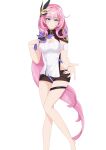  1girl absurdres black_shorts blue_eyes breasts cleavage commentary_request corset eclipse. elf elysia_(honkai_impact) elysia_(miss_pink_elf)_(honkai_impact) feet_out_of_frame hair_ornament highres honkai_(series) honkai_impact_3rd large_breasts long_hair pink_hair pointy_ears short_shorts shorts simple_background solo thigh_strap very_long_hair white_background white_corset 