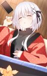  1boy absurdres alternate_costume amamiya_ayumu_(vtuber) black_ribbon black_shirt blush breasts cellphone closed_eyes commentary_request food fruit hair_between_eyes hair_ornament hair_ribbon hairclip highres indie_virtual_youtuber japanese_clothes kimono kotatsu lying male_focus medium_breasts on_back orange_(fruit) otoko_no_ko parted_lips phone polka_dot polka_dot_kimono red_kimono ribbon sankakkee shirt short_hair_with_long_locks sleeping smartphone solo table turtleneck turtleneck_shirt under_kotatsu under_table virtual_youtuber white_hair wooden_floor 