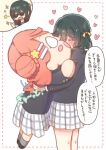  2girls :d black_jacket blush blush_stickers bun_with_braided_base character_doll commentary_request doll green_hair hair_bun hair_ornament hair_ribbon hairclip happy heart hugging_doll hugging_object implied_yuri jacket love_live! love_live!_nijigasaki_high_school_idol_club medium_hair mifune_kaoruko mifune_shioriko miniskirt multicolored_hair multiple_girls nesoberi nijigasaki_school_uniform open_mouth pink_hair plaid_clothes plaid_skirt pleated_skirt red_hair ribbon school_uniform siblings simple_background single_side_bun sisters skirt smile sound_effects sparkle speech_bubble streaked_hair sunglasses thought_bubble thumbs_up translation_request uehara_ayumu v-shaped_eyebrows white_background white_skirt yellow_ribbon yoon_(yoon_lovelive) 