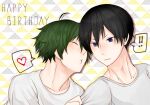  ! !! 2boys ahoge black_hair blue_eyes blush closed_eyes closed_mouth clothes_grab collarbone colorful_ichigo commentary_request english_text freckles green_hair grey_shirt haikyuu!! hair_between_eyes happy_birthday heart imminent_kiss kageyama_tobio light_blush male_focus multiple_boys shirt short_hair sleeve_grab speech_bubble spoken_exclamation_mark spoken_heart upper_body yamaguchi_tadashi yaoi 