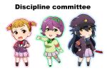  3girls :d armband black_hair black_shirt blue_bow blue_bowtie bow bow_hairband bowtie brown_eyes brown_hair chibi commentary_request english_text fukuhara_mikoto full_body green_bow green_bowtie green_eyes green_hairband green_sweater hair_between_eyes hair_ornament hairband hand_on_own_hip hat highres holding jacket light_blush long_hair long_sleeves looking_at_viewer love_live! love_live!_school_idol_festival mole mole_under_eye multiple_girls nanatsu_no_umi open_mouth peaked_cap pleated_skirt pointing pointing_at_viewer purple_hair purple_jacket purple_skirt red_bow red_bowtie sakamaki_chiduko school_uniform shiga_hitomi shion_girls_academy_school_uniform shirt short_hair short_twintails simple_background skirt smile socks standing sweater thighhighs twintails v-shaped_eyebrows white_background white_thighhighs yellow_eyes 