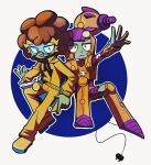 2boys :d afro armor armored_boots back-to-back black_eyes blue-tinted_eyewear blue_background blue_cape boots border brown_hair cape chinese_commentary closed_mouth collared_jacket colored_skin commentary_request electric_boogaloo_(plants_vs._zombies) energy_gun fingernails frown full_body goggles gold_necklace grey_skin helmet highres invisible_chair jacket jewelry jitome knee_boots knees_apart_feet_together looking_at_viewer multiple_boys necklace open_mouth orange_boots outline outside_border outstretched_arm outstretched_hand pants partially_unzipped plants_vs._zombies plants_vs._zombies_heroes ray_gun round_border rustbolt shoes short_hair sitting smile tinted_eyewear two-sided_cape two-sided_fabric v-shaped_eyebrows weapon white_border white_outline xh5_(xinjinjumin348470816236) yellow_cape yellow_jacket yellow_pants yellow_shoes 