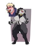 2023 absurd_res animal_genitalia anthro artist_initials balls big_breasts biped black_body black_fur black_lips black_nose black_pawpads black_tuft blackshirtboy bodily_fluids breasts canid canine canis claws clothing collar colored countershade_face countershade_fur countershade_torso countershading digitigrade ear_growth eyes_closed featureless_breasts front_view fully_sheathed fur gender_transformation genitals gold_(metal) gold_fang gold_tooth grey_body grey_fur grey_markings growth gynomorph hi_res huge_breasts human_to_anthro intersex licking licking_lips licking_own_lips lips looking_down_at_self mammal markings motion_lines mtg_transformation mti_transformation mythological_canine mythological_creature mythology nude open_mouth pawpads paws shaded sheath simple_background snout snout_growth solo species_transformation standing sweat tongue tongue_out transformation tuft werecanid werecanine werecreature werewolf white_body white_fur wolf year