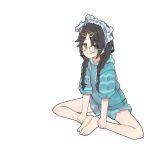  1girl :3 aa211108 bare_legs barefoot black_hair blue_eyes blue_hoodie blue_shorts blush bow braid hair_bow hair_ornament hairclip highres hood hoodie idolmaster idolmaster_shiny_colors knees_apart_feet_together mitsumine_yuika multiple_hair_bows pajamas shorts sitting solo twin_braids white_background yellow-framed_eyewear 