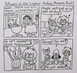 4_panel_comic anthro arm_around_shoulders blush bottomwear bovid canid canine canis caprine cartoon_network cigarette cigarette_in_mouth clothing domestic_cat domestic_dog felid feline felis female grace_jones group handwritten_text hi_res human humor interrupted katy_kat lammy_lamb male mammal midriff monochrome museum nikki_morgen nudging object_in_mouth pants parappa parappa_the_rapper pattern_bottomwear pattern_clothing pattern_pants pattern_topwear portrait_(object) print_clothing print_shirt print_t-shirt print_topwear sheep shirt smile sony_corporation sony_interactive_entertainment steven_quartz_universe steven_universe storme_delarverie striped_bottomwear striped_clothing striped_pants striped_topwear stripes t-shirt text topwear trio um_jammer_lammy