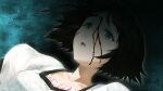  1girl aqua_eyes black_bow black_hair black_trim bleeding blood blood_from_forehead blood_splatter blue_dress blue_eyes bow breasts bullet_hole chest_bow collar collarbone crying crying_with_eyes_open death dim_lighting dress falling flying_teardrops frilled_collar frills game_cg gunshot_wound headshot highres huke medium_breasts medium_hair official_art open_mouth pink_frills puffy_short_sleeves puffy_sleeves ringed_eyes shiina_mayuri shiny_lips short_sleeves solo square_pupils steins;gate tareme tearing_up tears tongue 