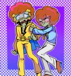  2boys :d ^_^ afro ankle_boots arm_at_side arm_hug black_eyes blue-tinted_eyewear blue_shirt blush boots border brown_hair closed_eyes closed_mouth collared_jacket colored_shoe_soles colored_skin disco_zombie dual_persona electric_boogaloo_(plants_vs._zombies) facing_another feet_out_of_frame film_grain foot_out_of_frame goggles gold_necklace grey_skin jacket jewelry knees_together_feet_apart lightning_bolt_symbol long_sleeves looking_at_another male_focus multiple_boys necklace open_mouth orange_boots outline outside_border pants partially_unzipped pink-tinted_eyewear plants_vs._zombies plants_vs._zombies_heroes purple_background round_eyewear semi-rimless_eyewear shirt short_hair simple_background smile standing standing_on_one_leg tinted_eyewear tongue white_outline white_pants xh5_(xinjinjumin348470816236) yellow-framed_eyewear yellow_jacket yellow_pants 