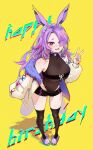  1girl animal_ears animal_slippers black_leotard black_shorts black_thighhighs blush bunny_slippers chest_belt choker eros_ekwa eyes_visible_through_hair fur-trimmed_jacket fur_trim grey19940316 hair_over_one_eye happy_birthday highres jacket leotard leotard_under_clothes looking_at_viewer off_shoulder open_mouth rabbit_ears red_eyes shorts slippers solo teeth thighhighs upper_teeth_only v virtual_youtuber yellow_background yishi_zhishang_jiuba 