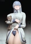  1girl ak-15_(girls&#039;_frontline) averting_eyes blush breasts choker clothes_lift collared_shirt cosplay creepy_mita_(miside) creepy_mita_(miside)_(cosplay) dress female_pubic_hair girls&#039;_frontline grey_hair hair_over_one_eye highres j_adsen large_breasts lifting_own_clothes long_hair long_sleeves looking_to_the_side miside mita_(miside) neck_ribbon panties pubic_hair pubic_hair_peek purple_choker purple_eyes purple_lips purple_panties purple_ribbon ribbon shirt skirt skirt_lift solo stuffed_animal stuffed_toy teddy_bear textless_version thighs underwear white_dress white_shirt white_skirt 