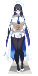  1girl absurdres black-framed_eyewear black_hair black_pantyhose blue_archive blue_eyes blue_hair blue_halo box breasts closed_mouth coat colored_inner_hair commentary earrings full_body glasses gloves halo highres holding holding_box jewelry kurochomo large_breasts long_hair looking_at_viewer multicolored_hair open_clothes open_coat pantyhose pointy_ears rin_(blue_archive) round_eyewear shadow shirt shoes simple_background single_earring solo standing very_long_hair white_background white_coat white_gloves white_shirt white_shoes 