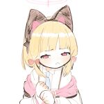  1girl :&lt; animal_ear_headphones animal_ears blonde_hair blue_archive blue_necktie blush cat_ear_headphones closed_mouth collared_shirt fake_animal_ears frown half-closed_eyes halo headphones hood hooded_jacket jacket looking_at_viewer low_twintails momoi_(blue_archive) necktie off_shoulder pink_eyes pink_halo sad shinbashi_seiji shirt short_hair simple_background sketch solo tears twintails upper_body white_background white_jacket white_shirt 