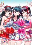  3girls ;d artist_name bangs black_eyes black_hair blue_hair bow cheerleader cherry_blossoms confetti copyright_name cowboy_shot crop_top flower hair_bow hair_cubes hair_flower hair_ornament hair_ribbon headset hyugo leg_ribbon long_hair looking_at_viewer love_live! love_live!_school_idol_festival love_live!_school_idol_project love_live!_sunshine!! miniskirt multiple_girls navel neckerchief one_eye_closed open_mouth orange_bow perfect_dream_project pink_bow pink_hair pink_skirt pleated_skirt polka_dot_skirt pom_poms print_bow red_eyes red_skirt red_tank_top ribbon school_uniform serafuku side_bun skirt smile star star_print striped striped_ribbon striped_tank_top tank_top yuuki_setsuna_(love_live!) 