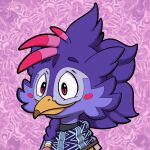 1:1 animated avian beak braided_hair clothing feathers hair multicolored_body multicolored_feathers multicolored_hair nintendo pngtuber poncho purple_body purple_feathers red_eyes rito short_playtime smile the_legend_of_zelda trevor-fox trevor-fox_(character) white_sclera yellow_beak