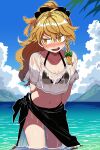  1girl ahoge alternate_costume alternate_hairstyle arms_behind_back bikini bikini_under_clothes black_bikini black_bow black_sarong blonde_hair blue_sky blush bollzzalguy bow braid breasts cleavage cloud collarbone cowboy_shot day green_bow hair_bow hashtag-only_commentary highres kirisame_marisa long_hair mountainous_horizon navel ocean open_mouth outdoors ponytail sarong shirt short_sleeves side_braid single_braid sky small_breasts solo standing stomach swimsuit t-shirt touhou v-shaped_eyebrows wading water wet wet_clothes wet_shirt white_shirt yellow_eyes 