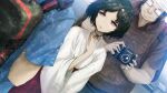  1girl 2boys backpack bag black_hair blue_pants blue_shirt bob_cut brown_shirt camera chihaya_(clothing) choker collared_shirt dutch_angle from_behind game_cg genderswap genderswap_(mtf) glasses hair_ornament hairclip hakama hakama_skirt hand_on_own_chest height_difference highres holding holding_camera huke japanese_clothes kosode looking_at_another miko multiple_boys non-web_source official_art opaque_glasses open_mouth outdoors pants pervert pink_eyes red_hakama ribbon_choker ribbon_trim ringed_eyes shiny_lips shirt skirt skull_hair_ornament square_pupils steins;gate urushibara_ruka wide_sleeves worried 