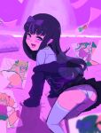  1girl all_fours ass black_hair black_skirt blush bow commentary_request cookie_(touhou) feet_out_of_frame female_pervert grey_shirt hair_bow hakurei_reimu heronge hime_cut jacket jacket_partially_removed long_hair long_sleeves looking_at_viewer looking_back luna_child mesugaki miniskirt off_shoulder open_mouth panties pervert photo_(object) pillow pleated_skirt pornography purple_bow purple_jacket riran_youkyu shiriri_saikyo shirt shunga_youkyu skirt smile solo star_sapphire sunny_milk thighhighs tongue tongue_out touhou underwear white_panties white_thighhighs yuyusu_(cookie) 