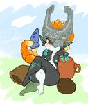  blush breasts crossed_legs finger_to_mouth helmet imp instrument long_hair medium_breasts midna nipples no_humans nude ocarina one_eye_covered orange_hair pizzacat_(tropios) pointy_ears prehensile_hair red_eyes sitting solo the_legend_of_zelda the_legend_of_zelda:_twilight_princess thick_thighs thighs wide_hips yellow_sclera 
