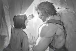  2boys beard coin curtains facial_hair fate_(series) from_behind greyscale highres holding holding_coin iskandar_(fate) lalatia-meai male_focus monochrome multiple_boys muscular muscular_male open_mouth short_hair sunlight vase waver_velvet 