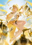  1girl aglaea_(honkai:_star_rail) ancient_greek_clothes aqua_eyes arm_strap blonde_hair blue_sky breasts clothing_cutout cloud commentary cumulonimbus_cloud dress english_commentary falling_petals flower full_body garmentmaker_(honkai:_star_rail) gold_trim greco-roman_clothes green_eyes hair_flower hair_ornament high_heel_sandals highres holding holding_sword holding_weapon honkai:_star_rail honkai_(series) laurel_crown looking_at_viewer mannequin medium_breasts midair parted_lips petals ribbon sandals short_hair shoulder_cutout sky solo sword tattoo thigh_strap thread toes weapon white_dress xiisalt yellow_nails 