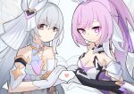  2girls absurdres black_gloves breasts bronya_zaychik bronya_zaychik_(cosplay) bronya_zaychik_(herrscher_of_truth) cleavage commentary_request corset cosplay costume_switch diamond-shaped_pupils diamond_(shape) elysia_(herrscher_of_human:_ego)_(honkai_impact) elysia_(honkai_impact) elysia_(honkai_impact)_(cosplay) gloves grey_eyes grey_hair heart heart_hands heart_hands_duo highres honkai_(series) honkai_impact_3rd large_breasts long_hair multiple_girls nodgilmo573 pink_hair ponytail purple_eyes simple_background small_breasts smile symbol-shaped_pupils upper_body veil very_long_hair white_background white_corset white_gloves white_veil 