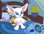 accessory anthro areola bandai_namco bed bedding bedroom big_ears blanket blue_blanket blue_eyes breast_expansion breast_grab breast_growth breasts clothing digimon digimon_(species) digital_media_(artwork) digivice drawer ear_tuft erect_nipples expansion felid female fur furgonomics furniture gatomon gloves growth hand_on_breast handwear hi_res jewelry lamp long_tail looking_at_breasts looking_down mammal markings modification nightstand nipples open_mouth pillow puffy_areola puffy_nipples purple_markings ring shaded short_stack short_stackification smile solo tail tail_accessory tail_jewelry tail_ring tail_tuft tuft white_body white_fur xelius