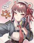 1girl absurdres alternate_costume animal_costume animal_ears bear_costume bear_ears black_gloves black_jacket bluebeel2 blush collared_shirt commentary cropped_jacket english_commentary english_text fake_animal_ears girls&#039;_frontline girls&#039;_frontline_2:_exilium gloves highres id_card jacket looking_at_viewer makiatto_(girls&#039;_frontline_2) necktie one_side_up open_clothes open_jacket pink_background pout purple_hair red_eyes red_necktie shirt speech_bubble upper_body wa2000_(girls&#039;_frontline) white_shirt 